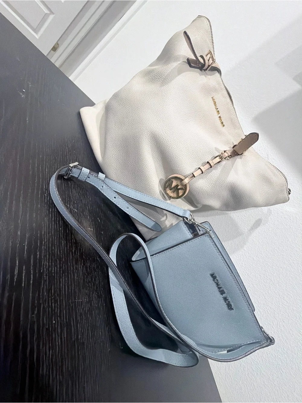 Michael Kors Cream Pebbled Tote with Light Blue Crossbody Set